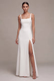 Simple White Satin Mermaid Square Neck Long Wedding Dress with Slit