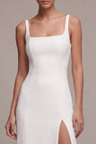 Simple White Satin Mermaid Square Neck Long Wedding Dress with Slit