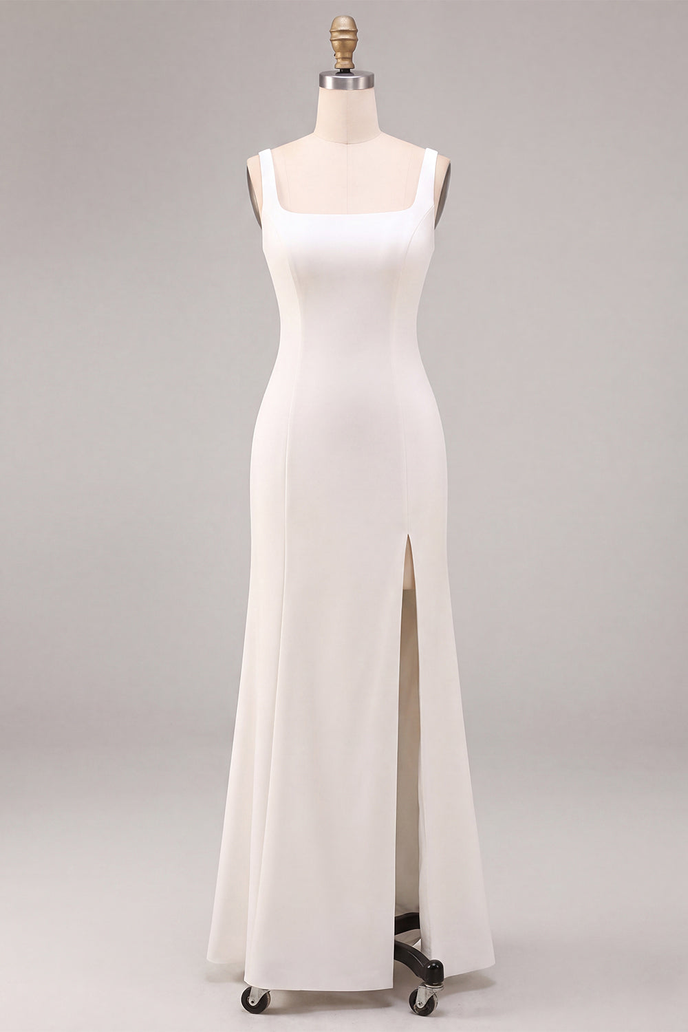 Simple White Satin Mermaid Square Neck Long Wedding Dress with Slit