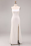 Simple White Satin Mermaid Square Neck Long Wedding Dress with Slit