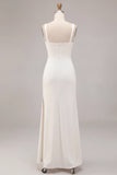 Simple White Satin Mermaid Square Neck Long Wedding Dress with Slit