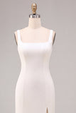 Simple White Satin Mermaid Square Neck Long Wedding Dress with Slit