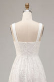 White Jacquard A-Line Keyhole Midi Boho Wedding Dress with Pockets