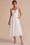 White Jacquard A-Line Keyhole Midi Boho Wedding Dress with Pockets