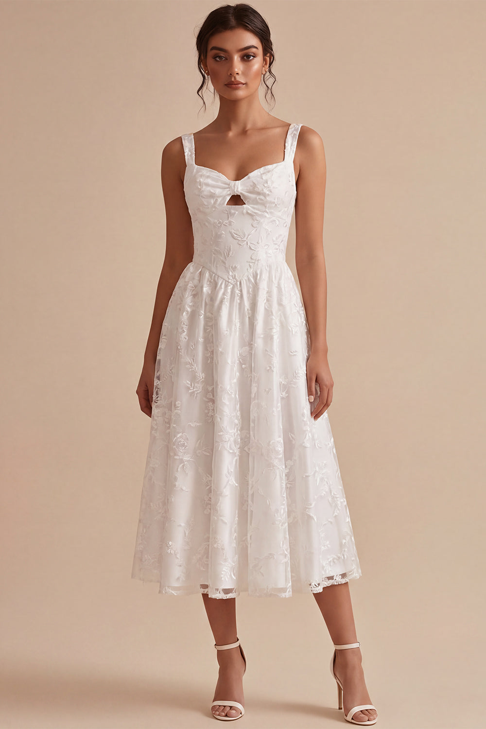 White Jacquard A-Line Keyhole Midi Boho Wedding Dress with Pockets