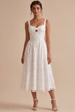 White Jacquard A-Line Keyhole Midi Boho Wedding Dress with Pockets