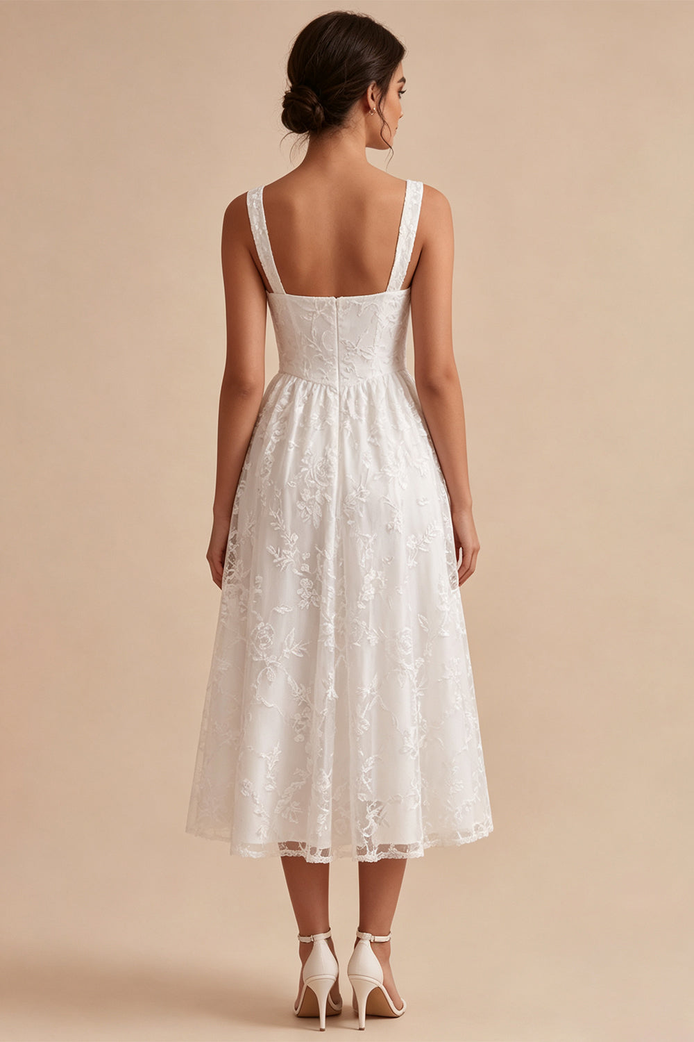 White Jacquard A-Line Keyhole Midi Boho Wedding Dress with Pockets