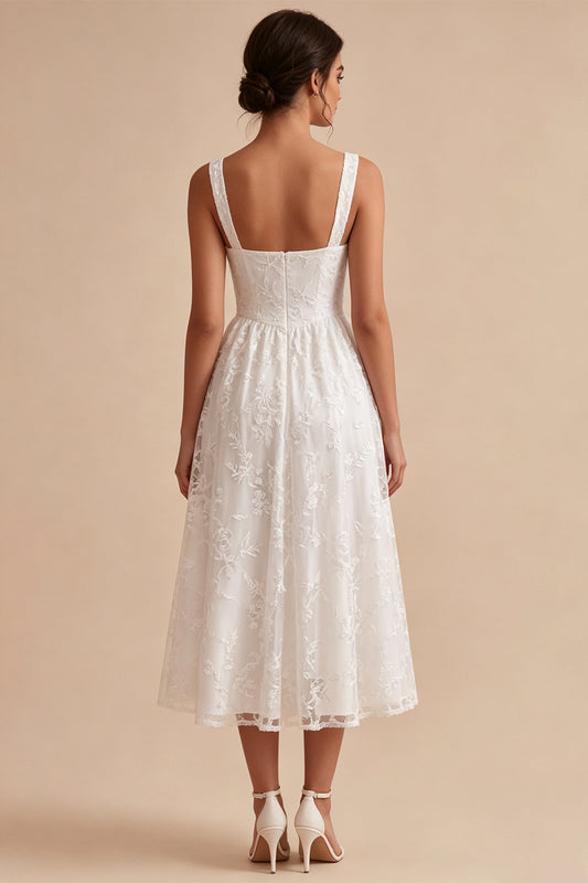 White Jacquard A-Line Keyhole Midi Boho Engagement Dress with Pockets