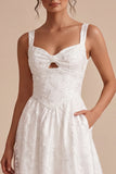 White Jacquard A-Line Keyhole Midi Boho Wedding Dress with Pockets