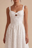 White Jacquard A-Line Keyhole Midi Boho Wedding Dress with Pockets