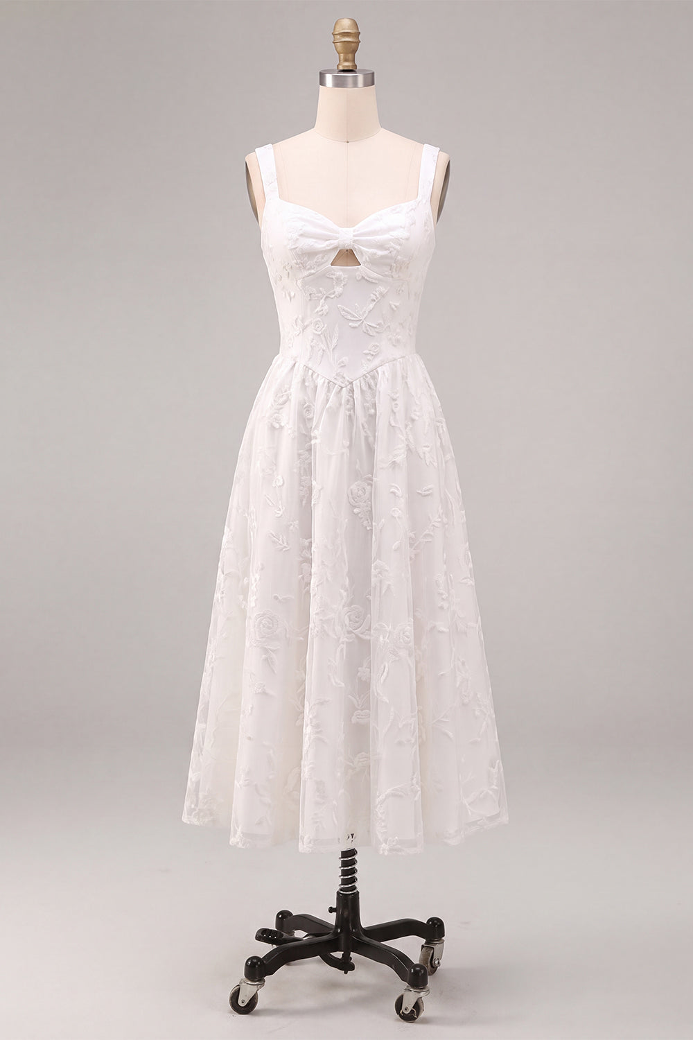 White Jacquard A-Line Keyhole Midi Boho Wedding Dress with Pockets