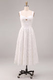 White Jacquard A-Line Keyhole Midi Boho Wedding Dress with Pockets