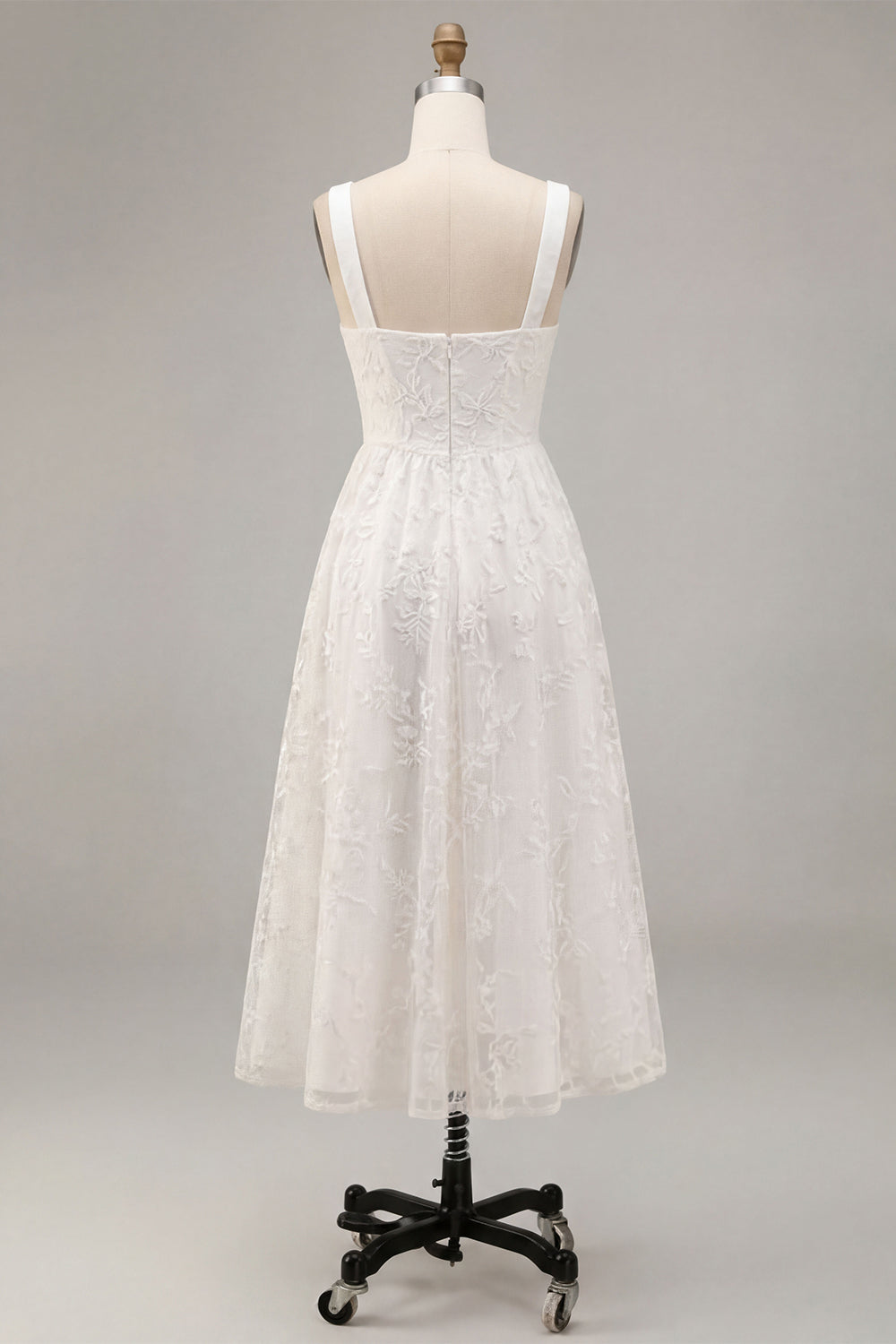 White Jacquard A-Line Keyhole Midi Boho Wedding Dress with Pockets
