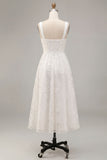 White Jacquard A-Line Keyhole Midi Boho Wedding Dress with Pockets