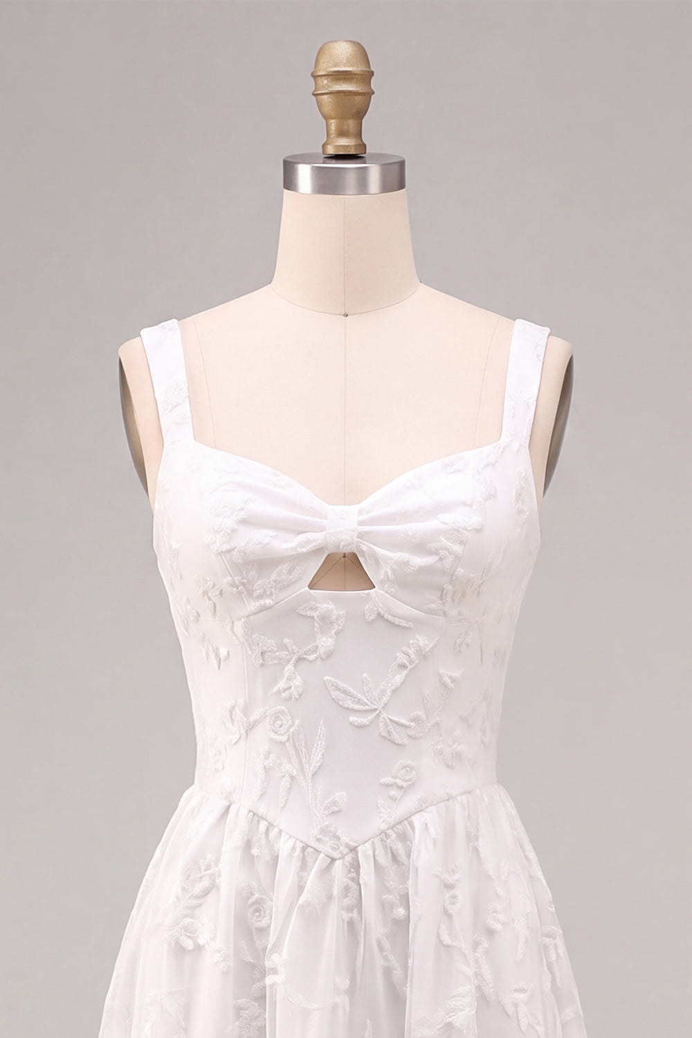 White Jacquard A-Line Keyhole Midi Boho Wedding Dress with Pockets