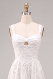 White Jacquard A-Line Keyhole Midi Boho Wedding Dress with Pockets