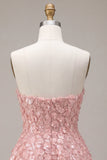 Pink Floral A Line Sparkly Strapless Sequins Short Homecoming Dress