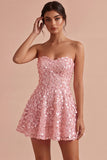 Pink Floral A Line Sparkly Strapless Sequins Short Homecoming Dress