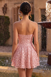 Pink Floral A Line Sparkly Strapless Sequins Short Homecoming Dress