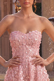 Pink Floral A Line Sparkly Strapless Sequins Short Homecoming Dress
