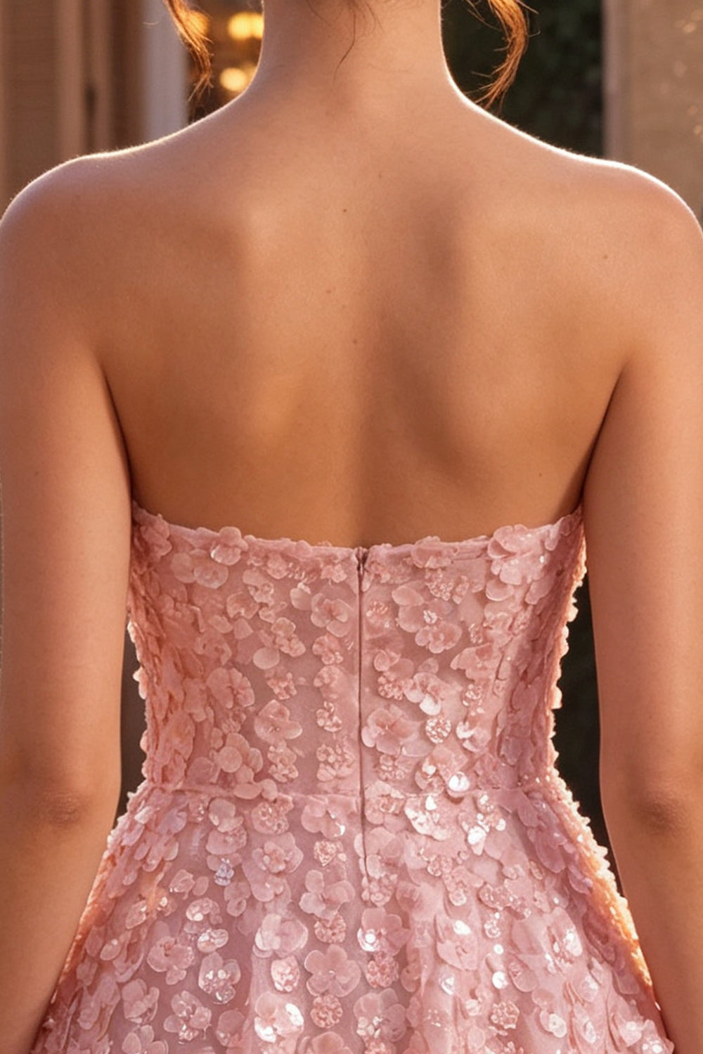 Pink Floral A Line Sparkly Strapless Sequins Short Homecoming Dress