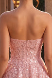 Pink Floral A Line Sparkly Strapless Sequins Short Homecoming Dress