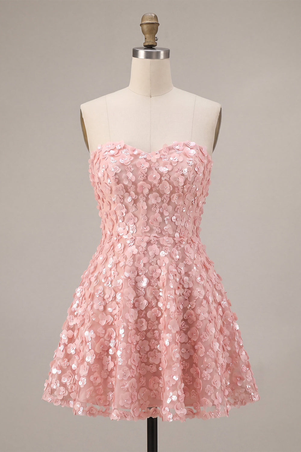 Pink Floral A Line Sparkly Strapless Sequins Short Homecoming Dress
