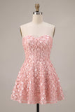 Pink Floral A Line Sparkly Strapless Sequins Short Homecoming Dress