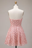 Pink Floral A Line Sparkly Strapless Sequins Short Homecoming Dress