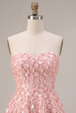 Pink Floral A Line Sparkly Strapless Sequins Short Homecoming Dress