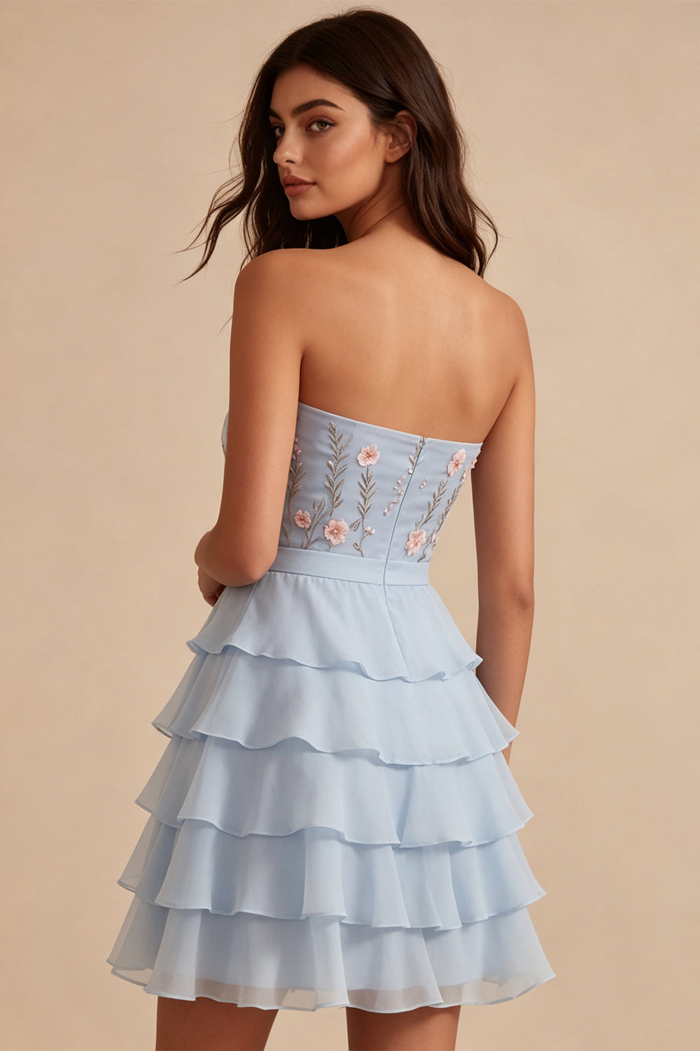 Sky Blue Floral A Line Tiere Ruffled Short Homecoming Dress with Bow
