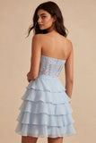 Sky Blue Floral A Line Tiere Ruffled Short Homecoming Dress with Bow