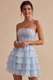 Sky Blue Floral A Line Tiere Ruffled Short Homecoming Dress with Bow