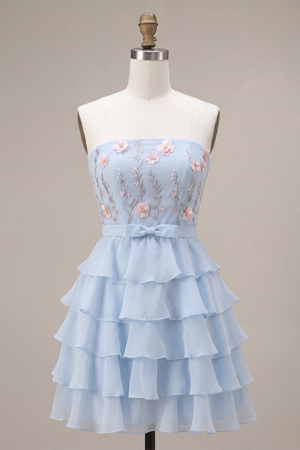 Sky Blue Floral A Line Tiere Ruffled Short Homecoming Dress with Bow
