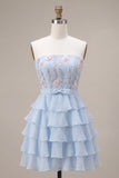 Sky Blue Floral A Line Tiere Ruffled Short Homecoming Dress with Bow