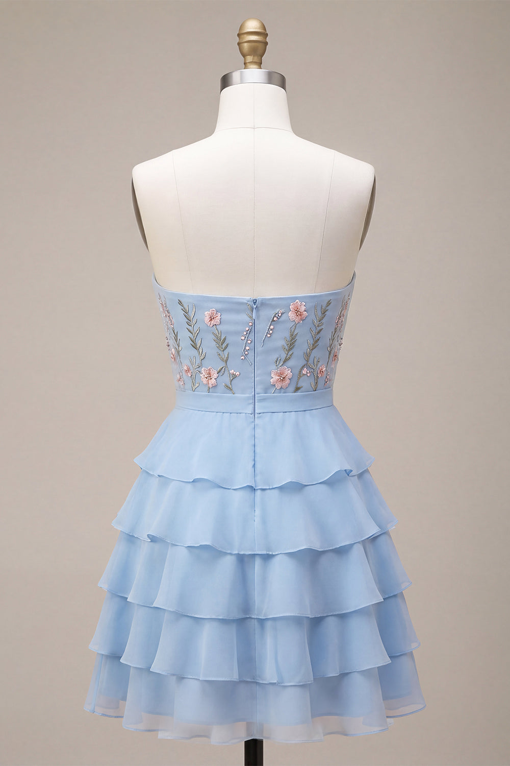 Sky Blue Floral A Line Tiere Ruffled Short Homecoming Dress with Bow