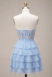 Sky Blue Floral A Line Tiere Ruffled Short Homecoming Dress with Bow