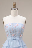 Sky Blue Floral A Line Tiere Ruffled Short Homecoming Dress with Bow