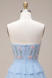 Sky Blue Floral A Line Tiere Ruffled Short Homecoming Dress with Bow