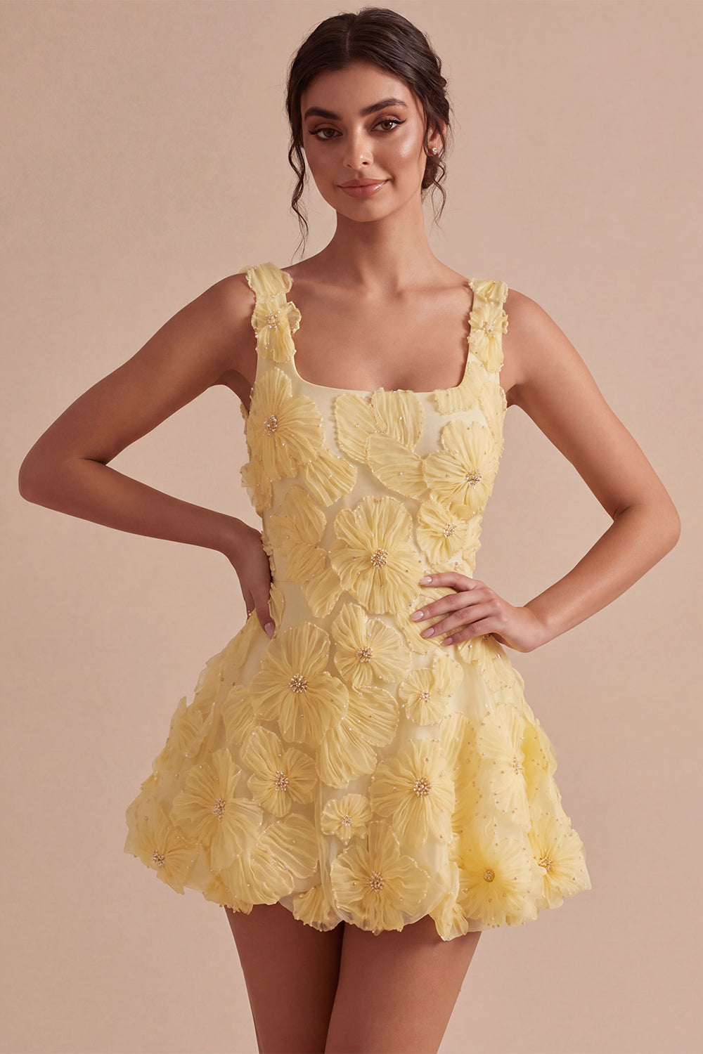 Light Yellow A Line Beaded Bubble Short Homecoming Dress with Flowers
