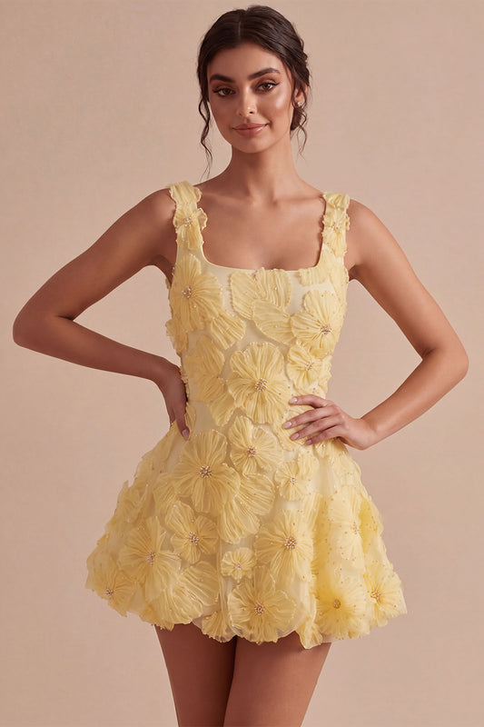 Light Yellow A-Line Mini Beaed Bubble Homecoming Dress with Flowers