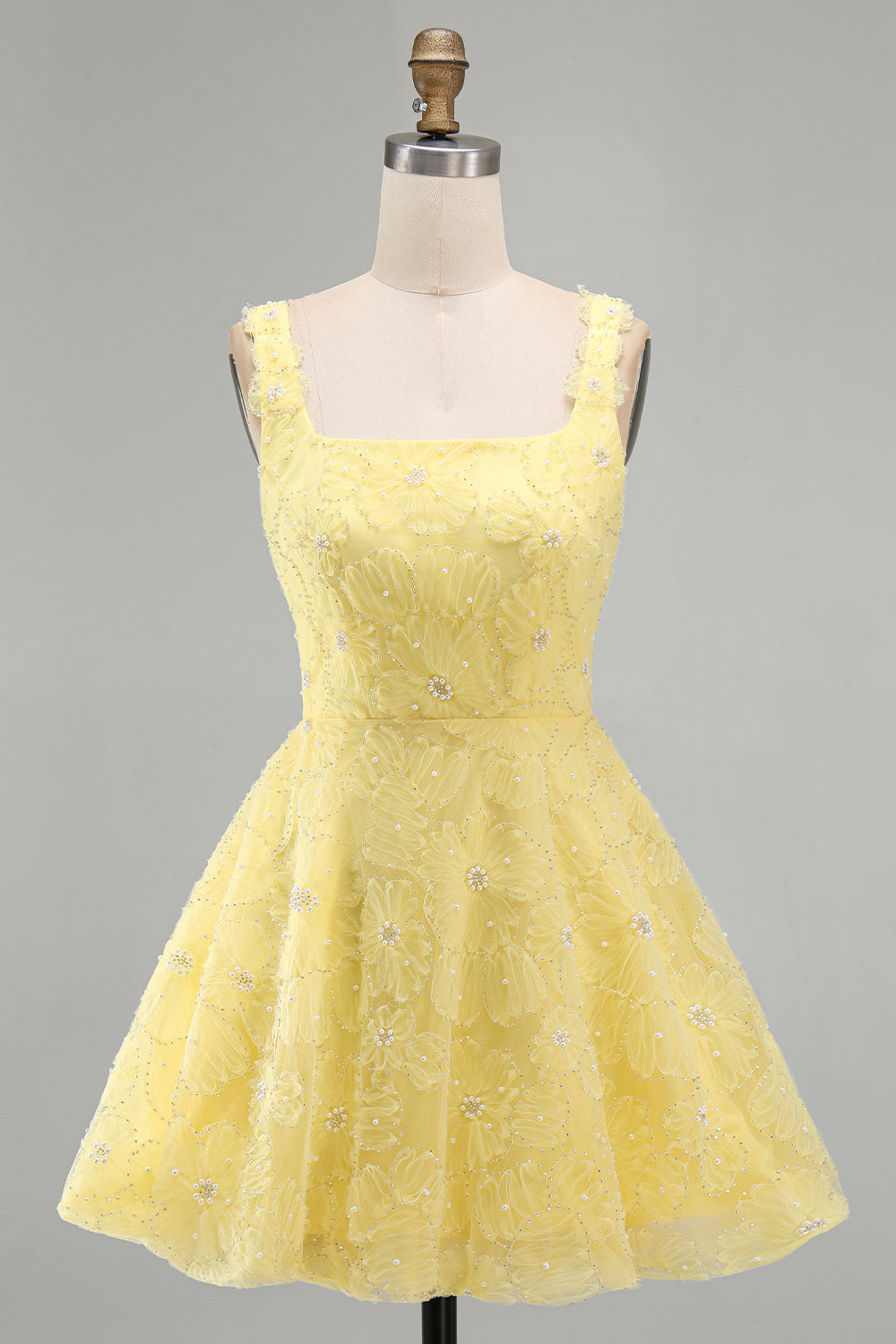 Light Yellow Floral A Line Beaded Bubble Short Homecoming Dress