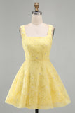 Light Yellow Floral A Line Beaded Bubble Short Homecoming Dress