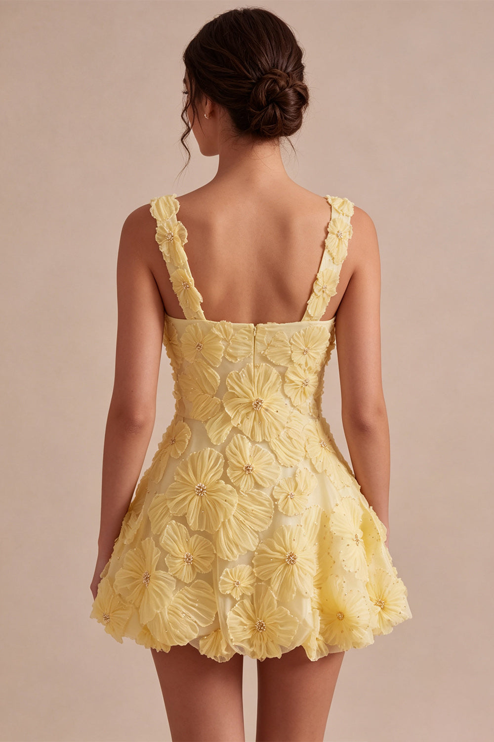 ZAPAKA Women Light Yellow Homecoming Dress with Beading Floral Square Neck A-Line Short Cocktail Dress, Yellow / US16