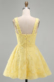 Light Yellow Floral A Line Beaded Bubble Short Homecoming Dress