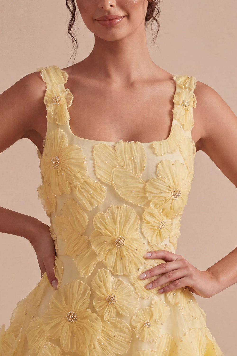 Light Yellow A Line Beaded Bubble Short Homecoming Dress with Flowers