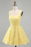 Light Yellow Floral A Line Beaded Bubble Short Homecoming Dress