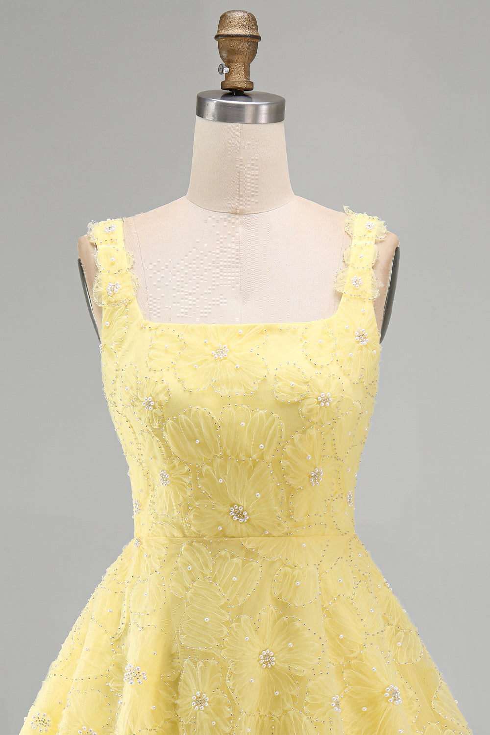 Light Yellow Floral A Line Beaded Bubble Short Homecoming Dress