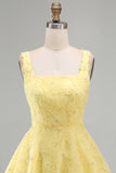 Light Yellow Floral A Line Beaded Bubble Short Homecoming Dress