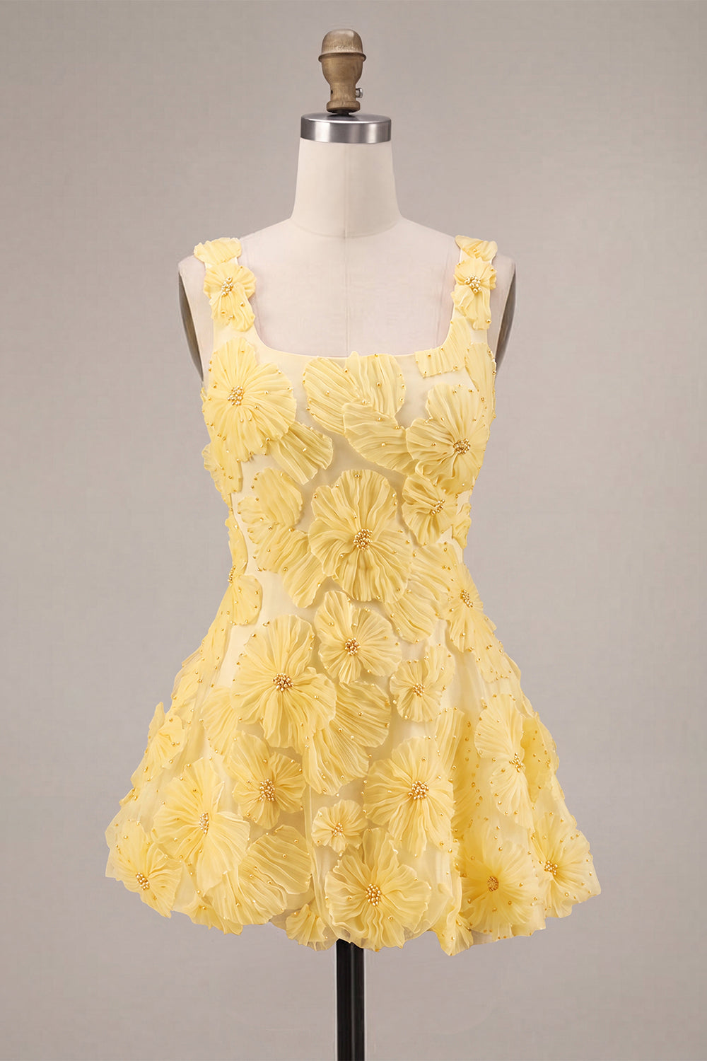 Light Yellow A Line Beaded Bubble Short Homecoming Dress with Flowers